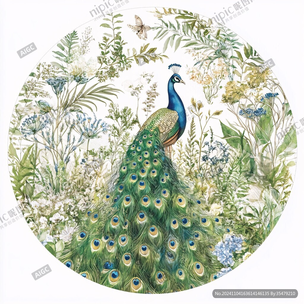 孔雀花卉圆形插画