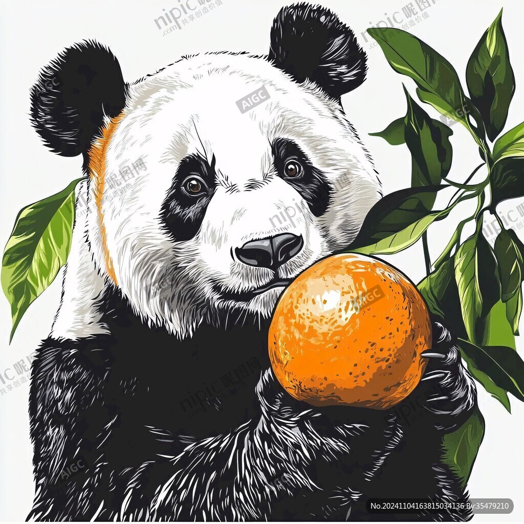 吃苹果的熊猫插画
