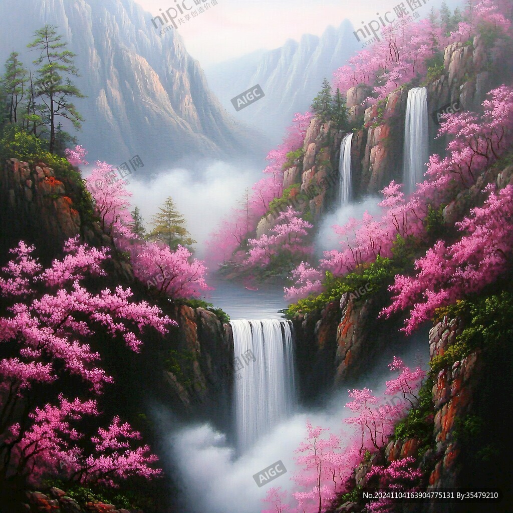 山水风景油画瀑布
