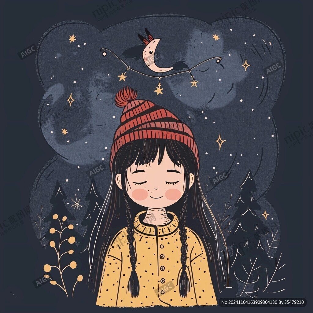 文艺女孩晚安插画