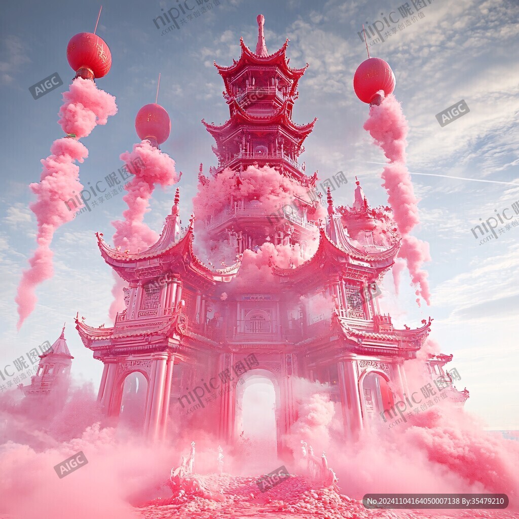 粉色超现实主义奇幻景观漂浮城堡