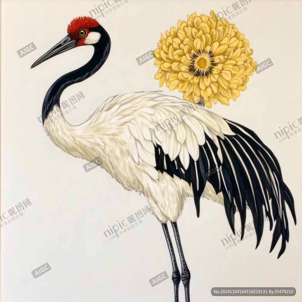 手绘白鹤描金线描挂画