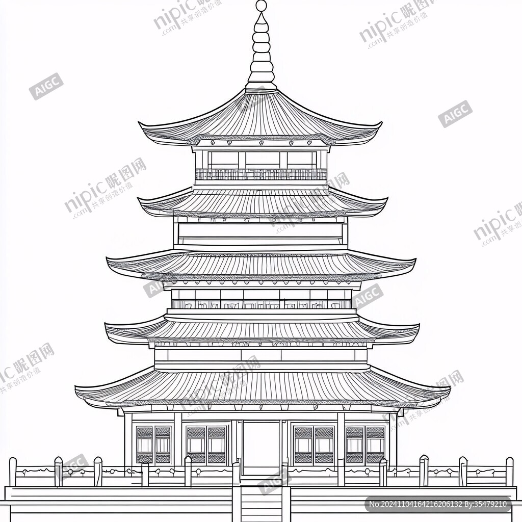 中式唐塔正立面线稿图