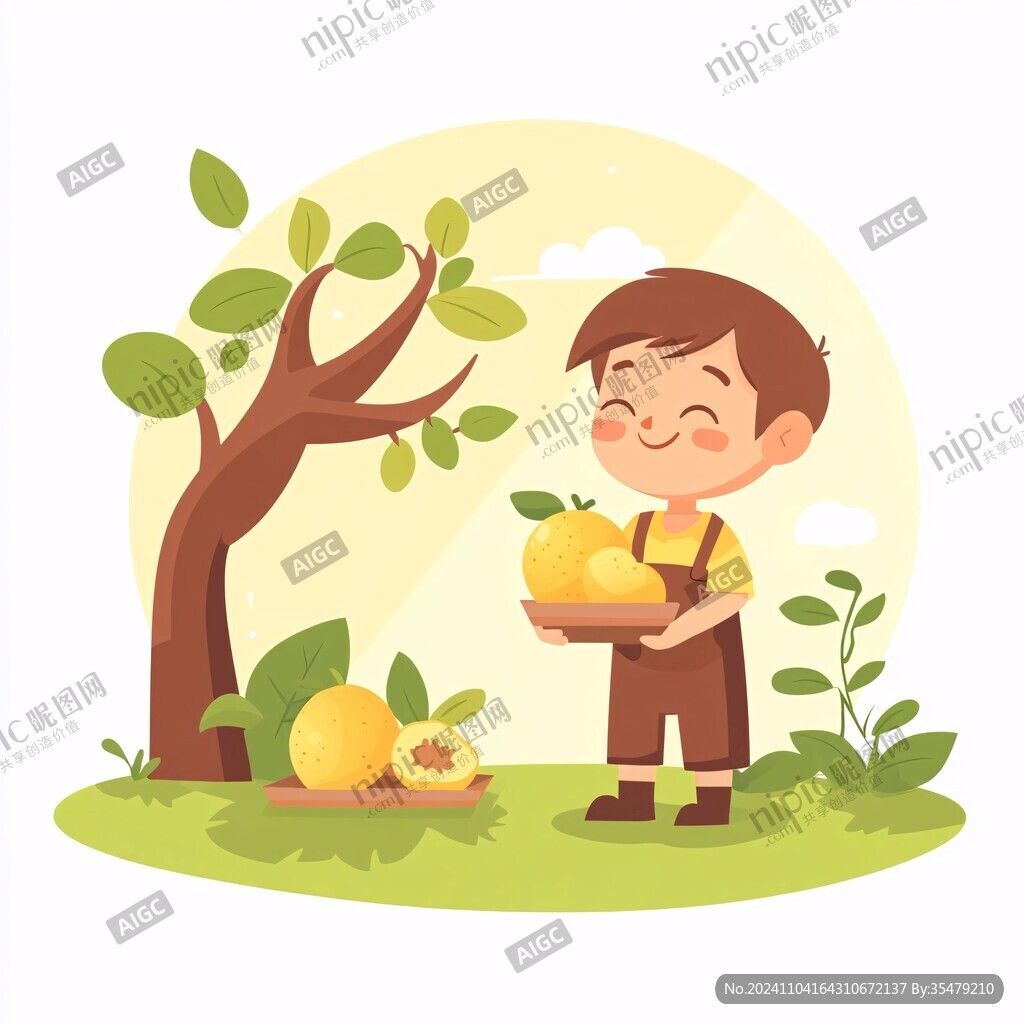 手绘摘梨子的小男孩