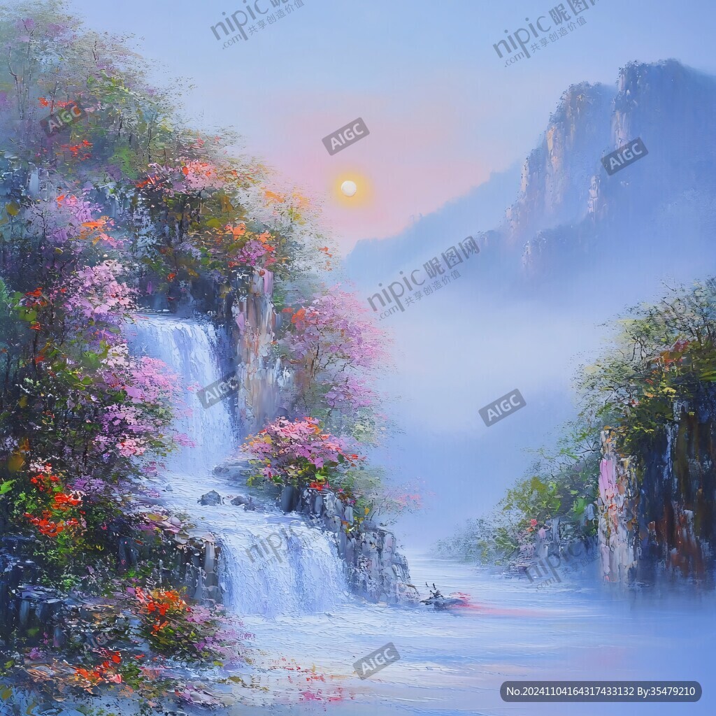 山水风景油画瀑布