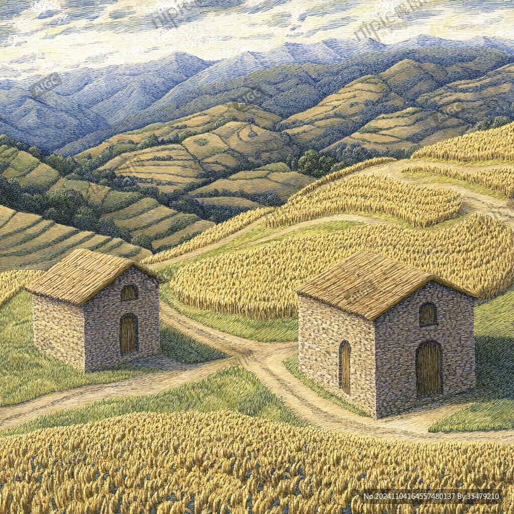 装饰画无框画山脚民居