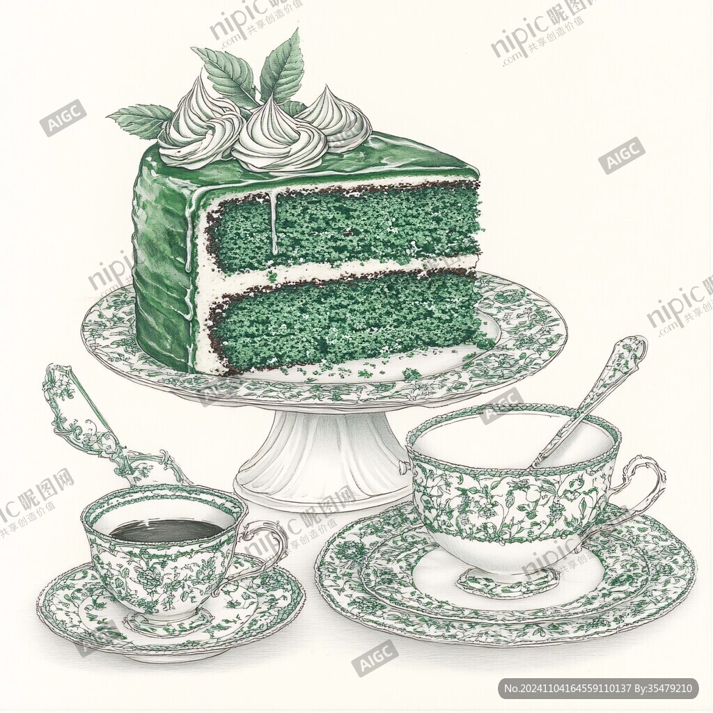 美食抹茶蛋糕手绘插画