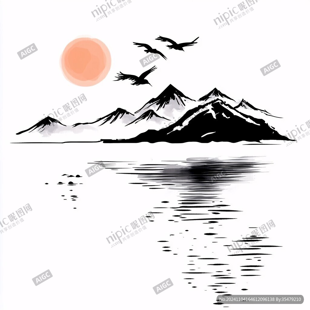 日落水墨画日落群山