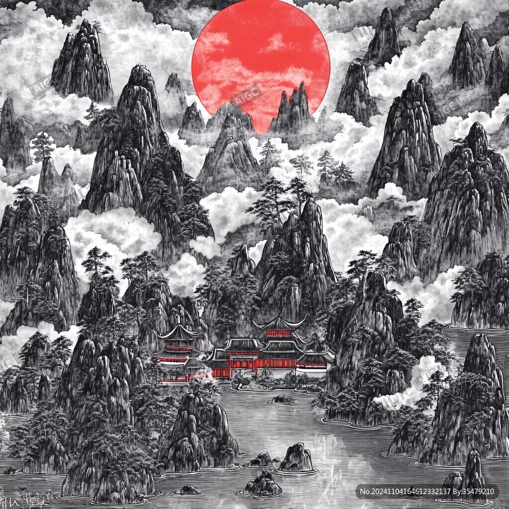 旭日东升楼阁山水画