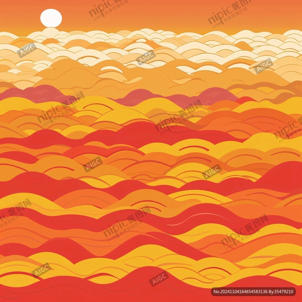 手绘海浪旭日东升