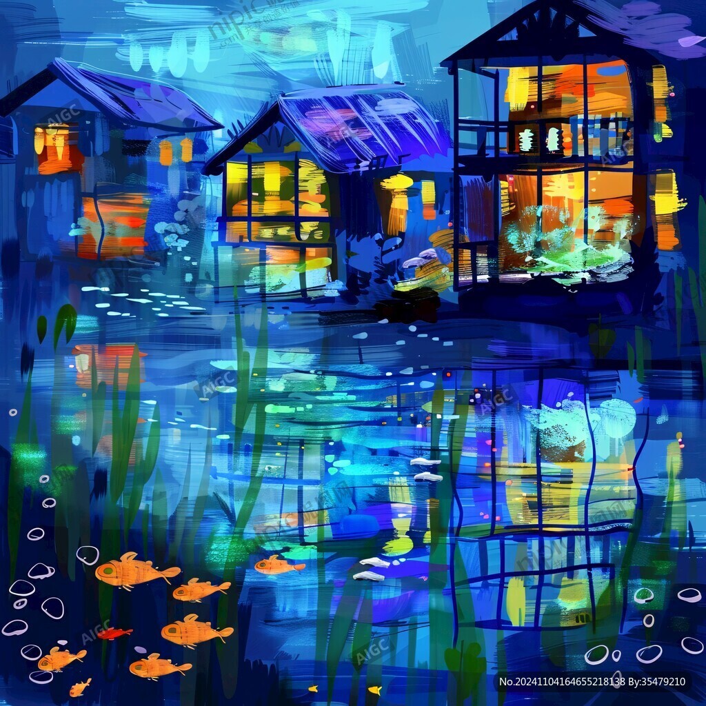 插画夜景湖泊