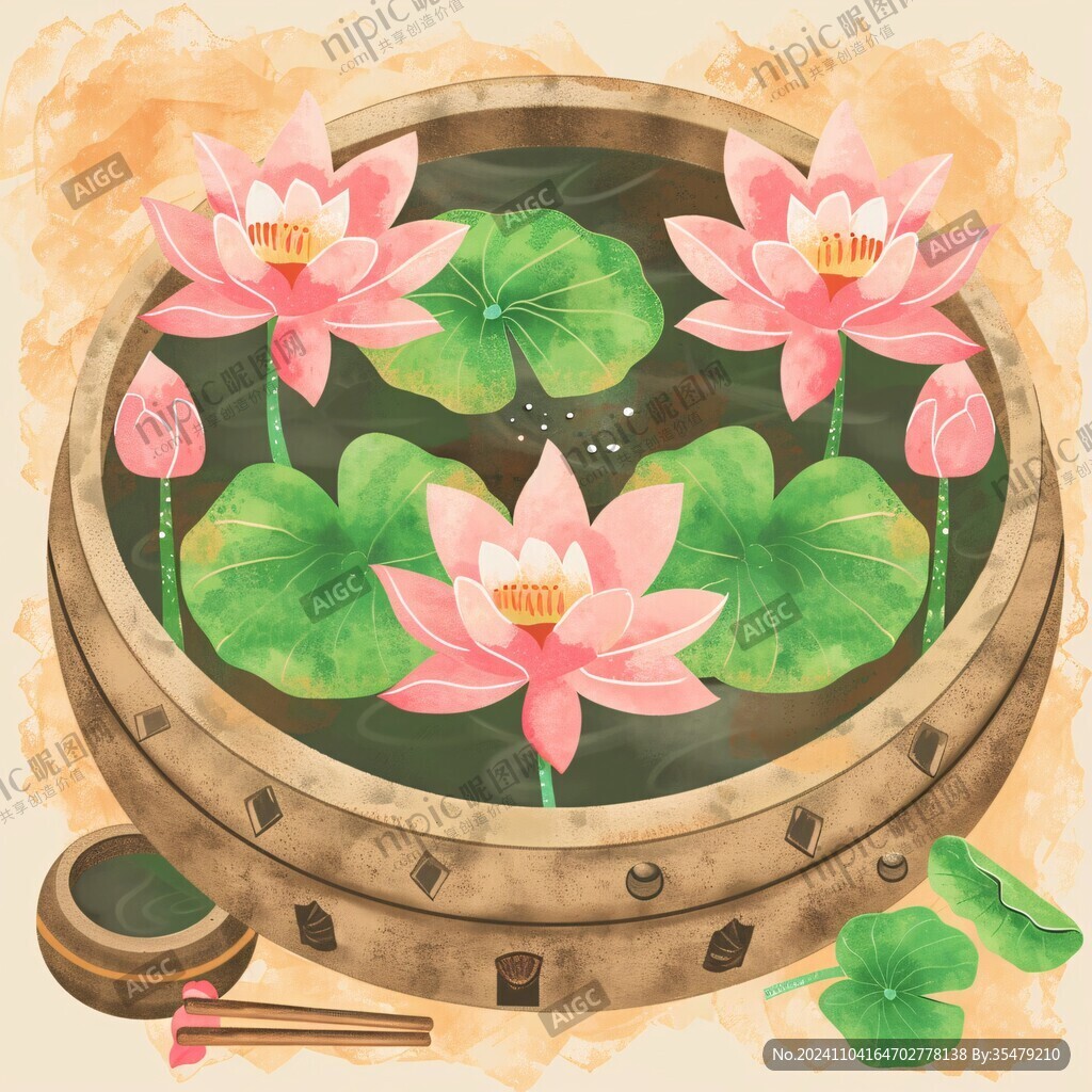 手绘荷花圆形装饰画