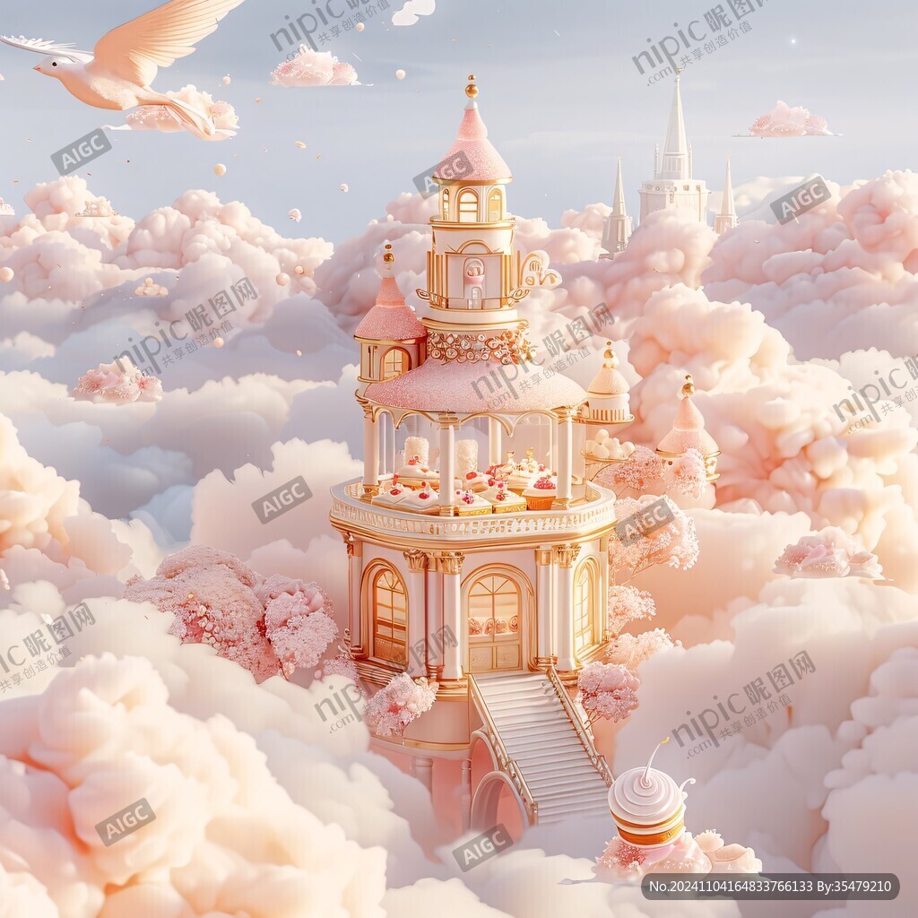 粉色超现实主义奇幻景观漂浮城堡