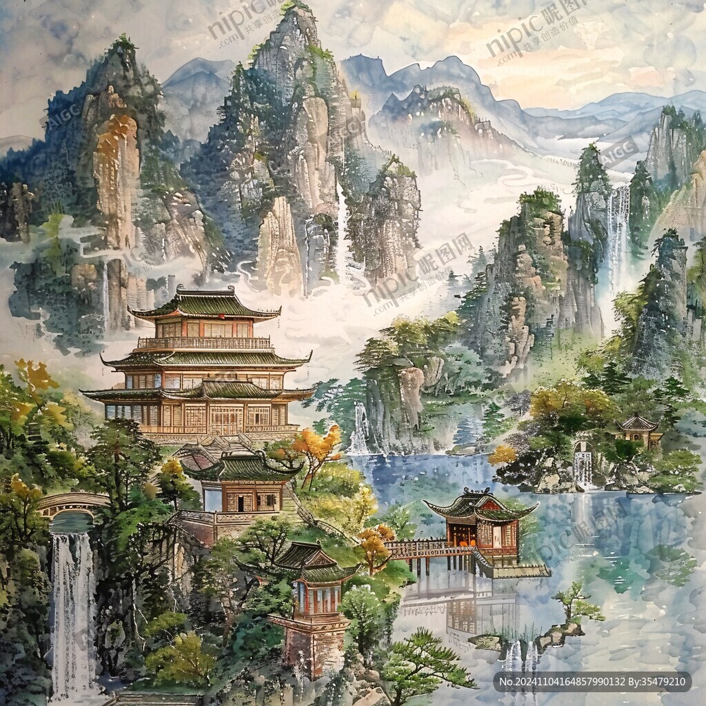 古风亭台楼阁油画