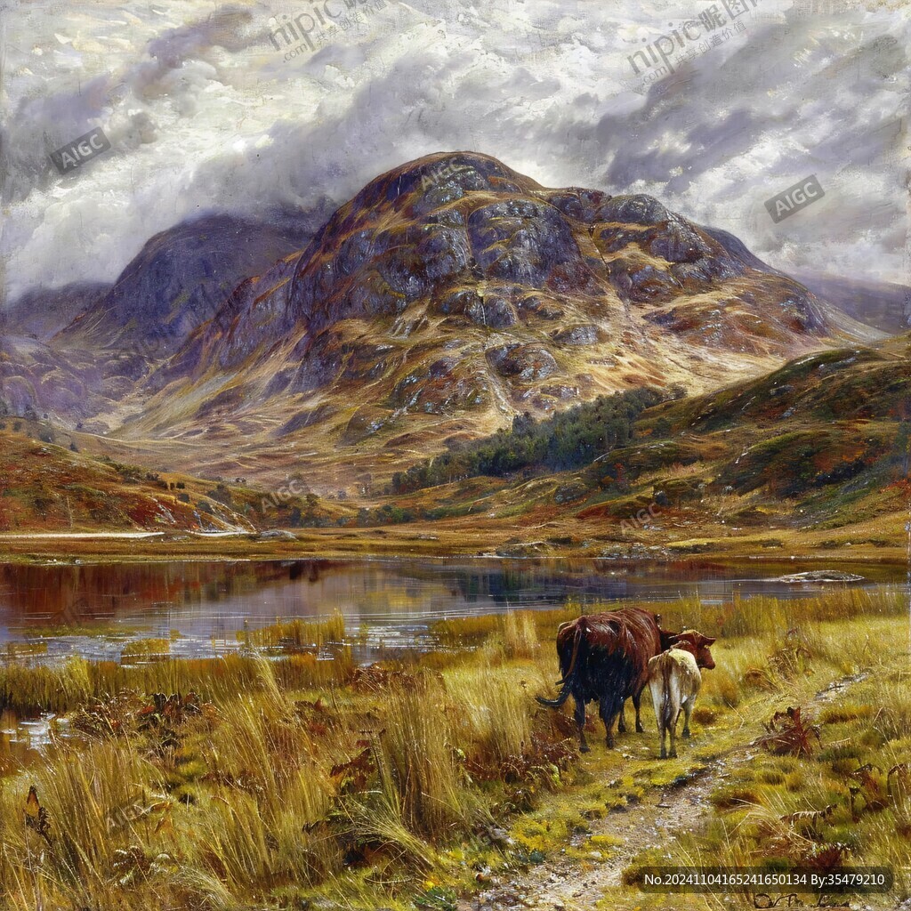 山坡牧牛风景画