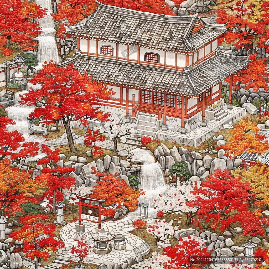 中式房子红枫树