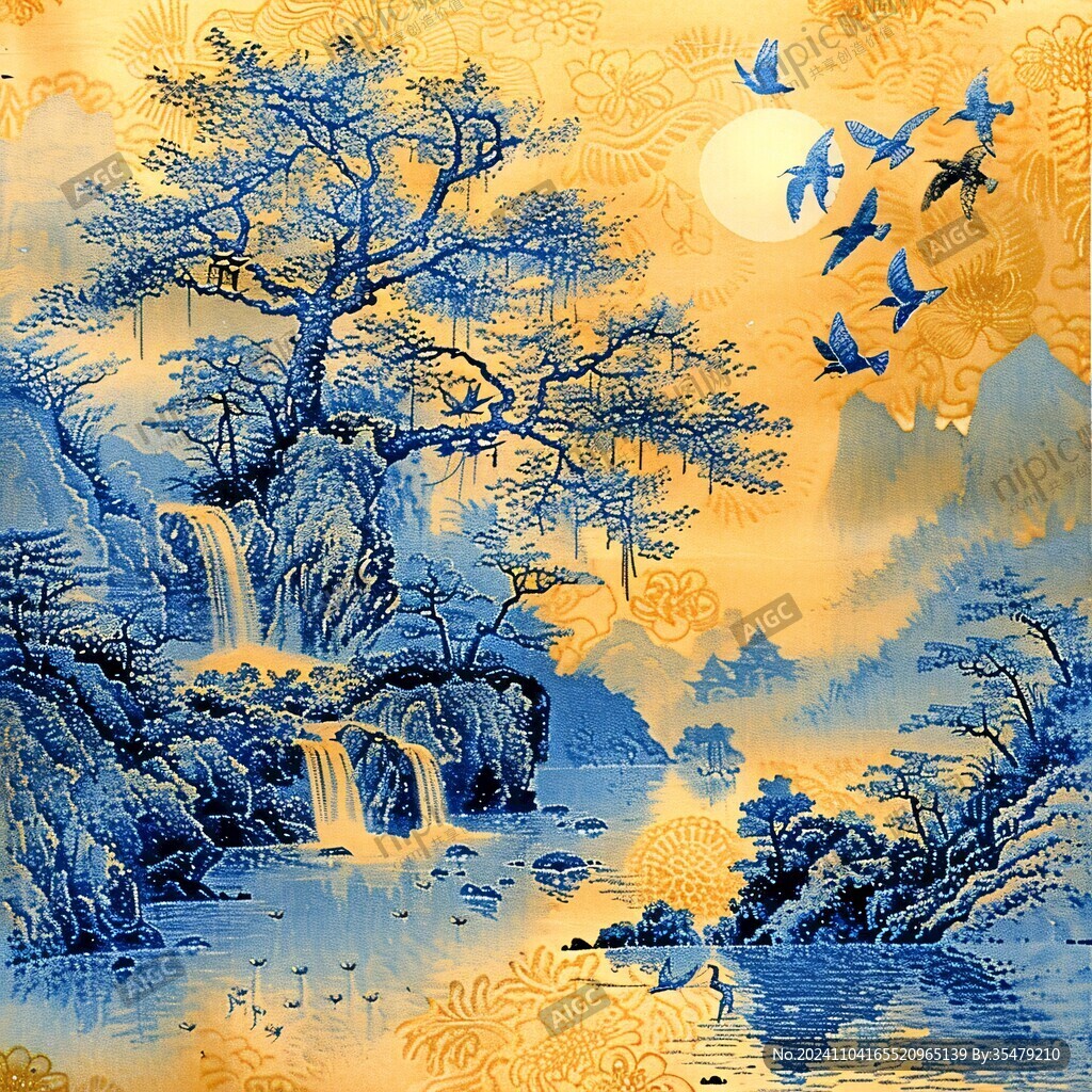 金线迎客松仙鹤