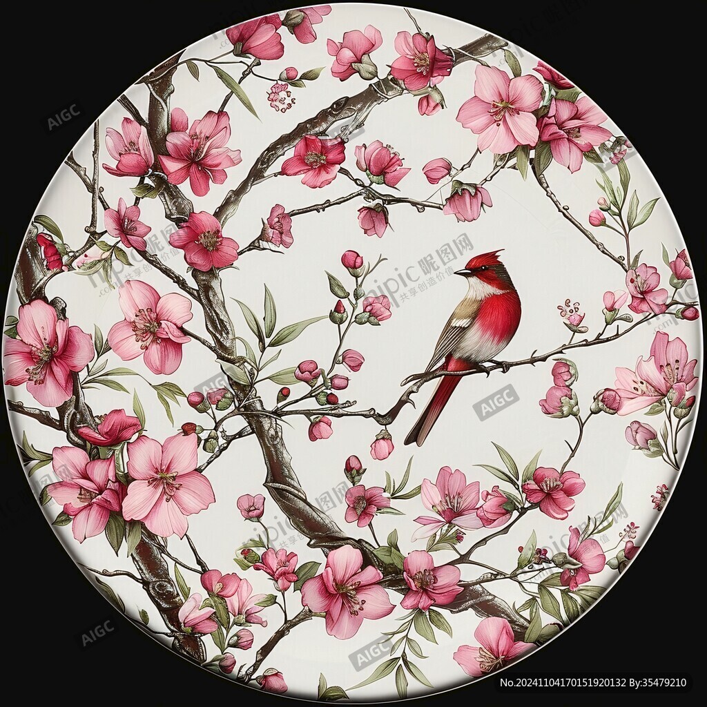 圆形桃花鸟画