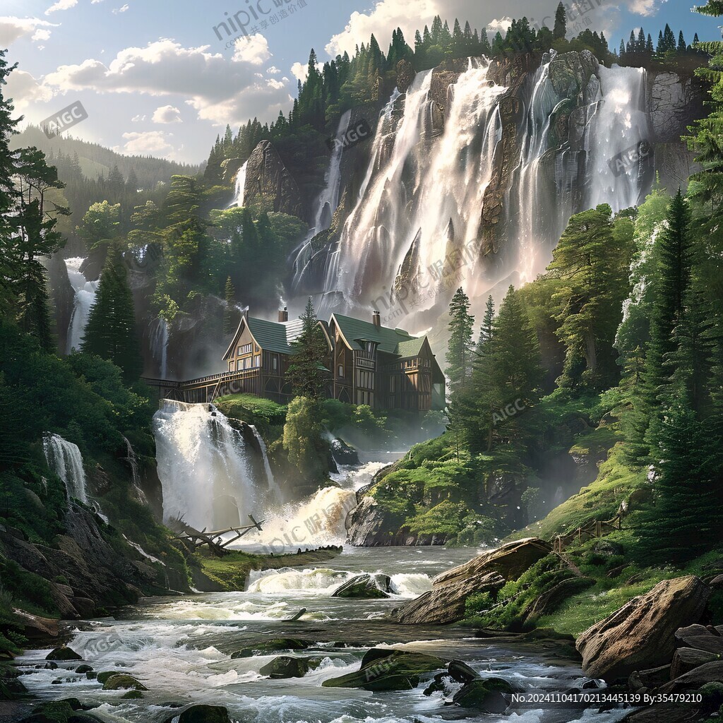 山水风景油画瀑布