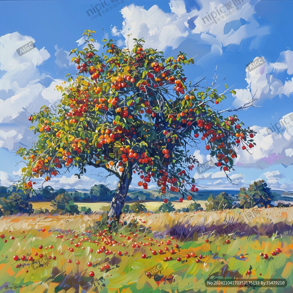 柿子树油画