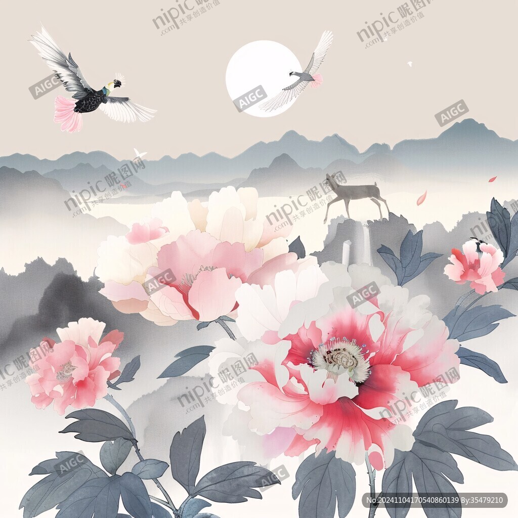 牡丹麋鹿山水插画