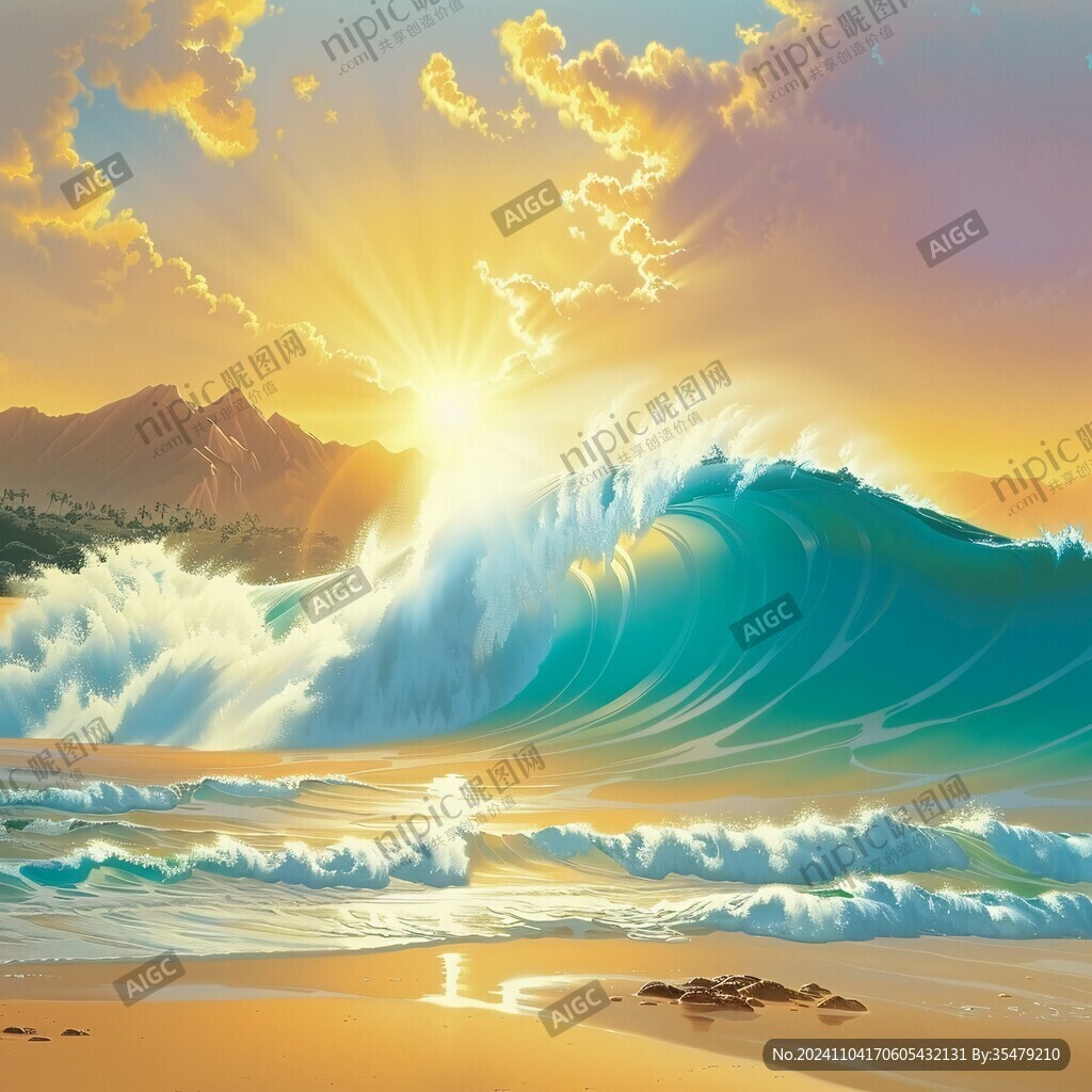 手绘海浪旭日东升