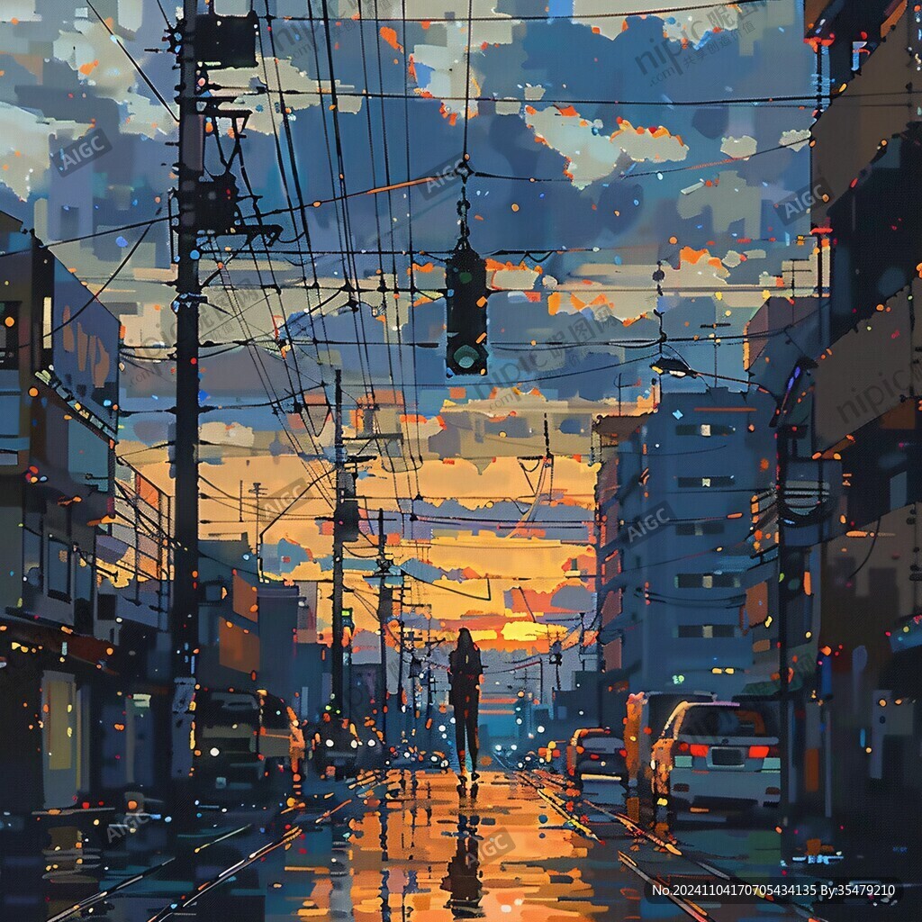 日落街道插画