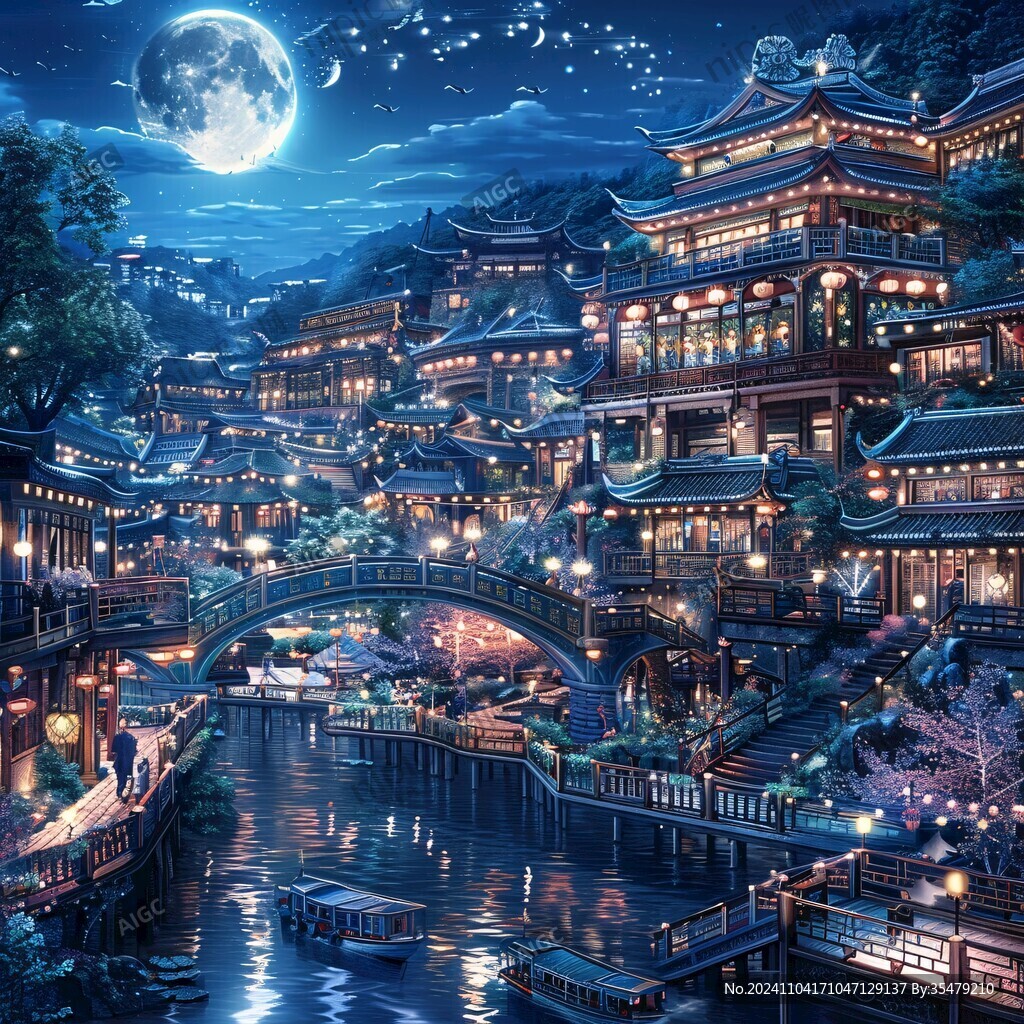 玄幻古镇夜景