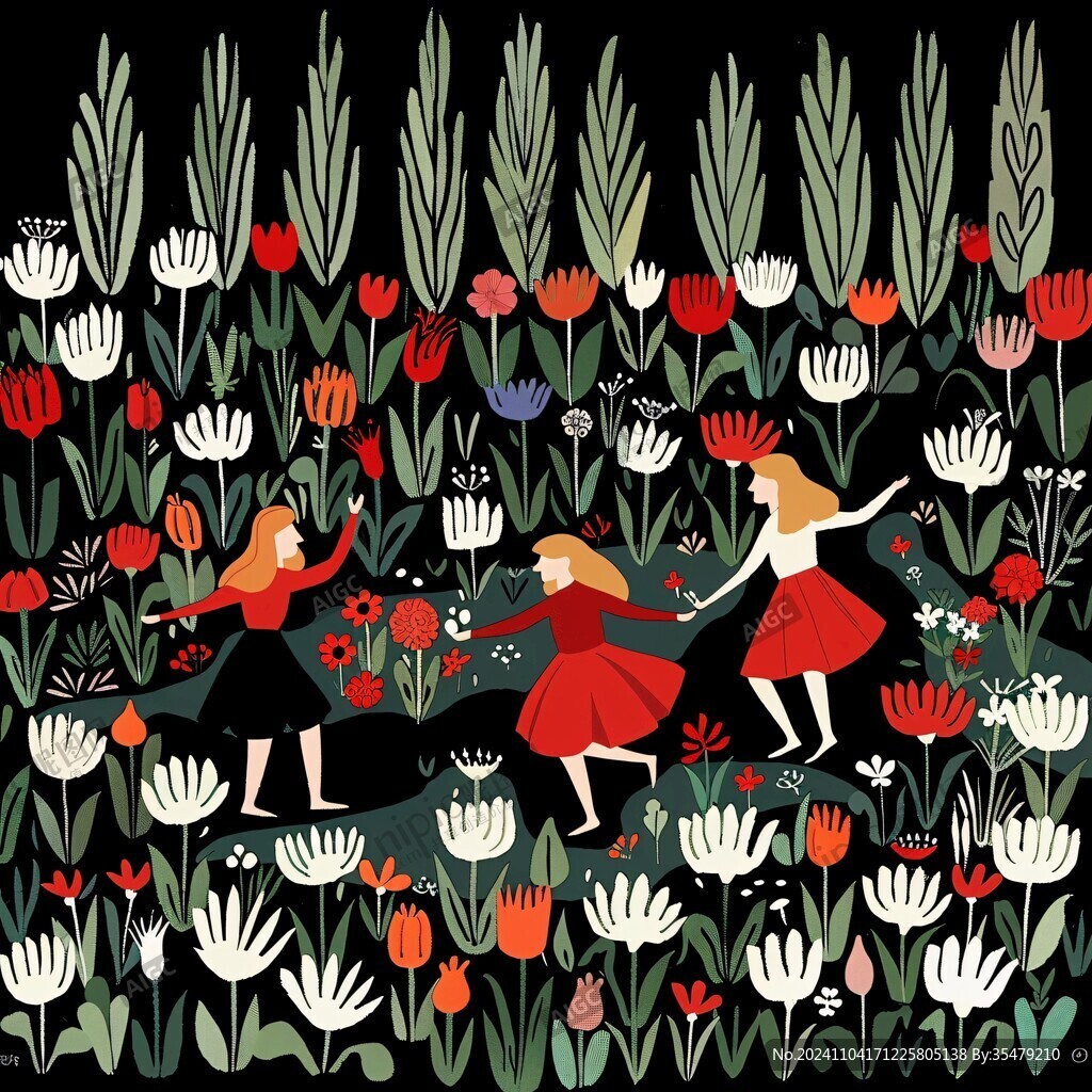 花丛女孩插画
