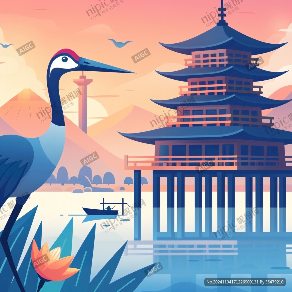 白鹭塔插画