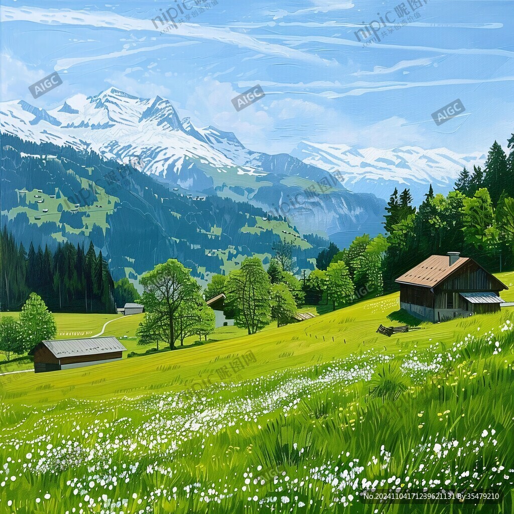 手绘草原草雪山