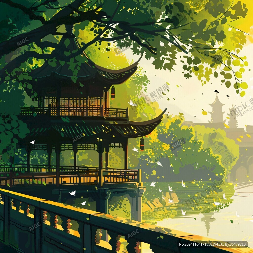 亭台楼阁意境插画