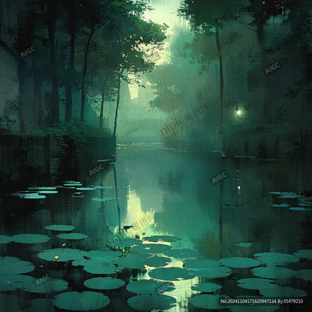 插画夜景湖泊