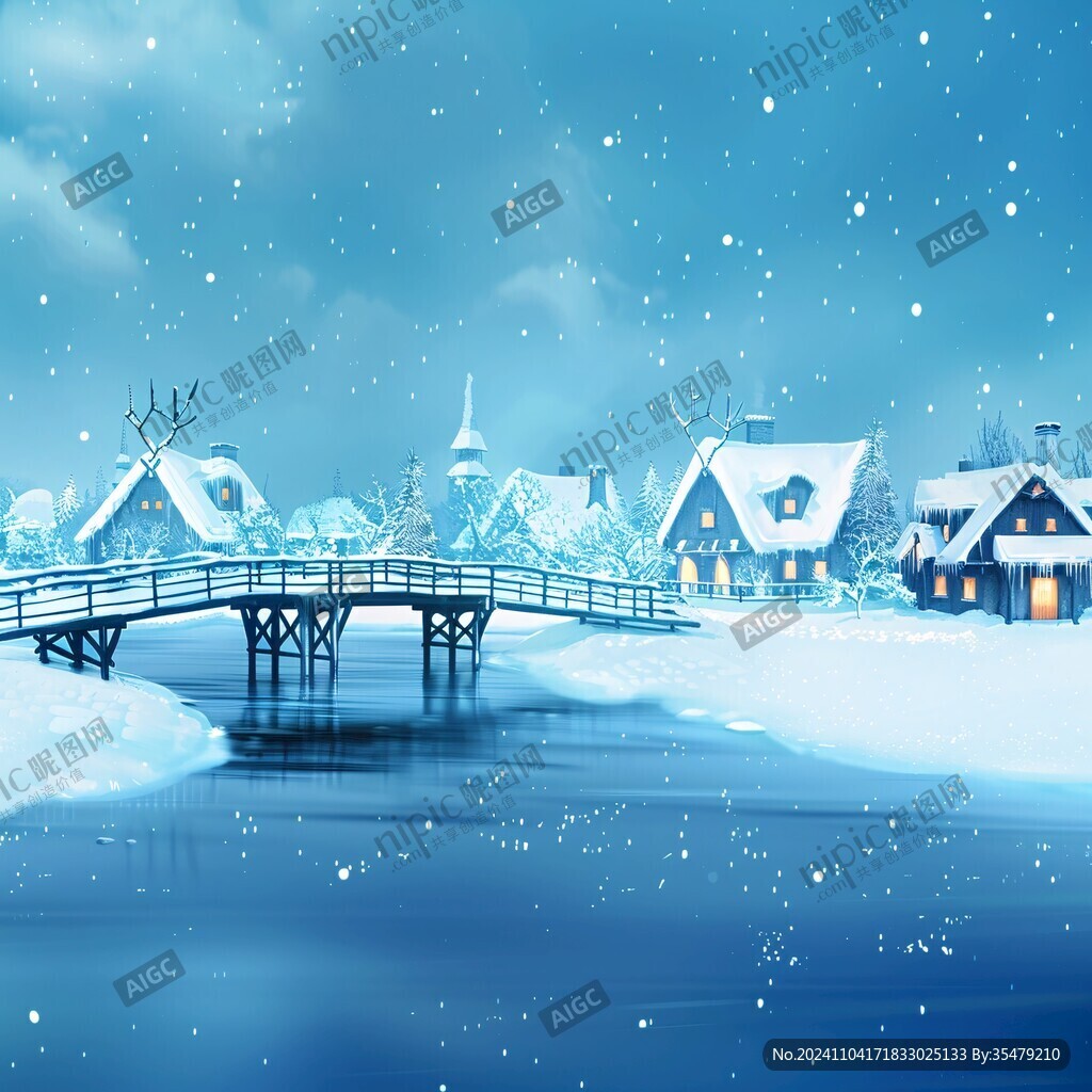 大雪下的长桥与小屋