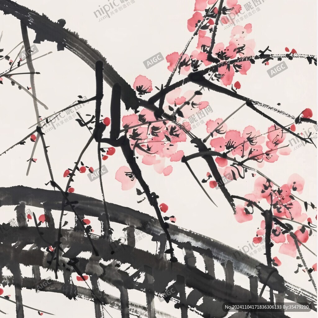 现代水墨画红梅