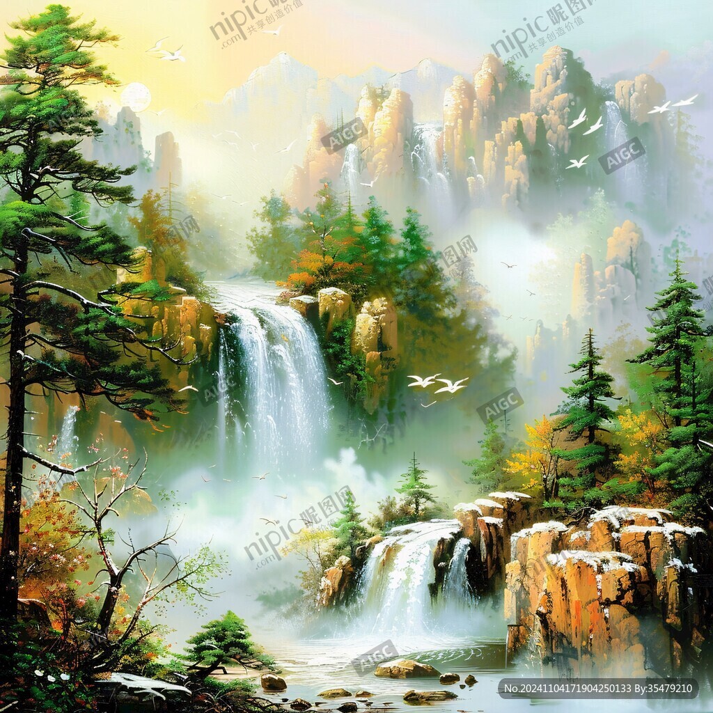 山水风景油画瀑布