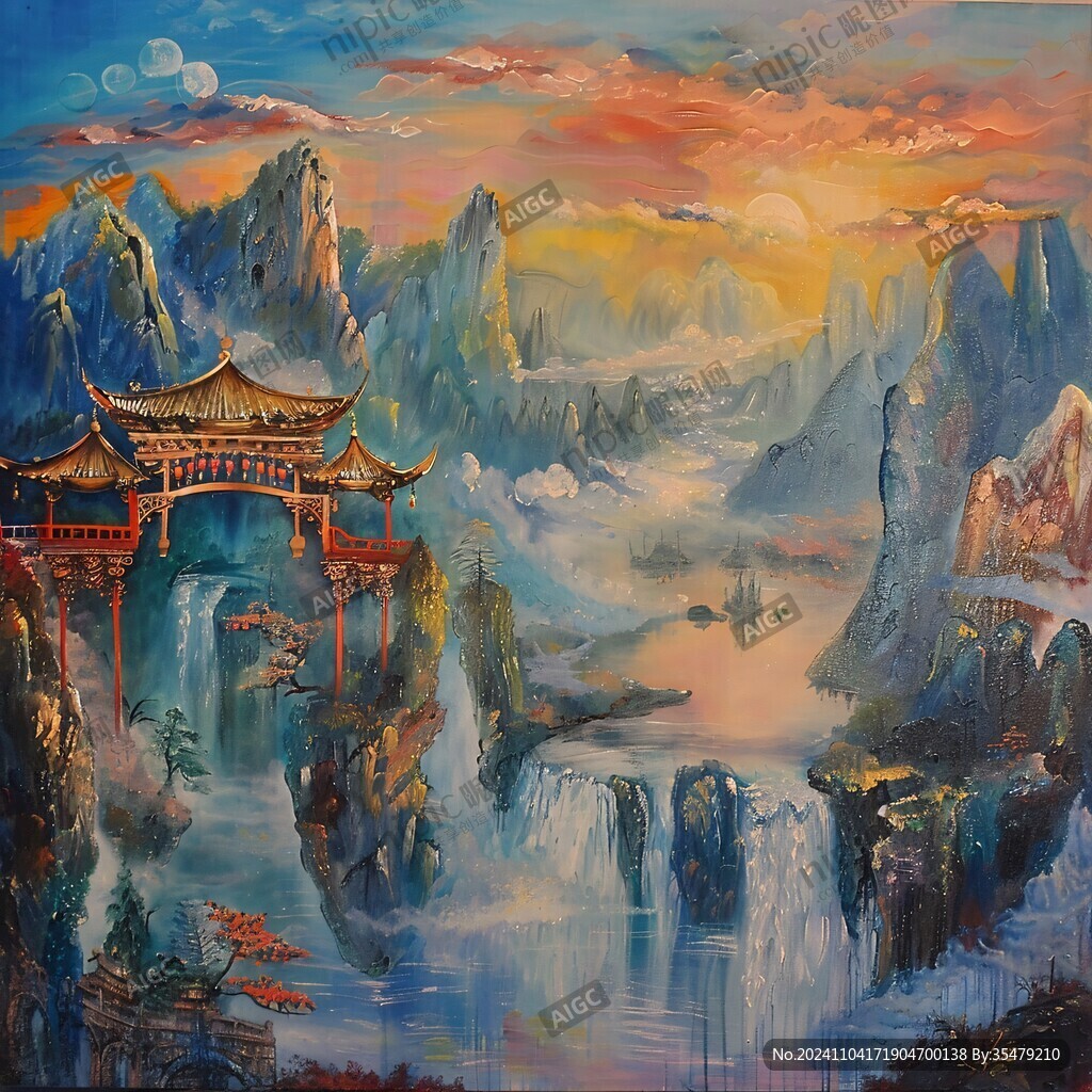 古风亭台楼阁油画
