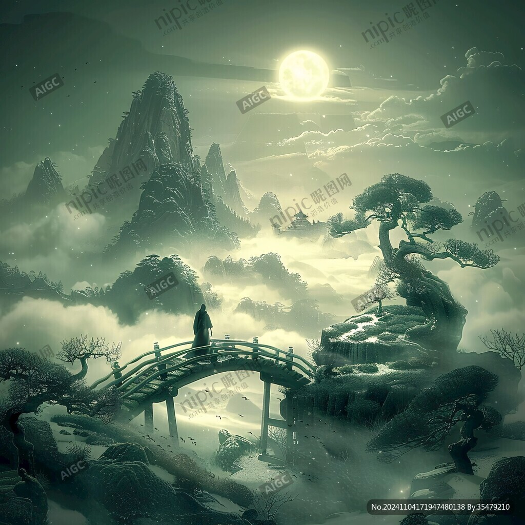 禅意山水画国风插画