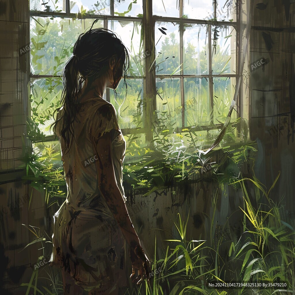 美人倚窗插画