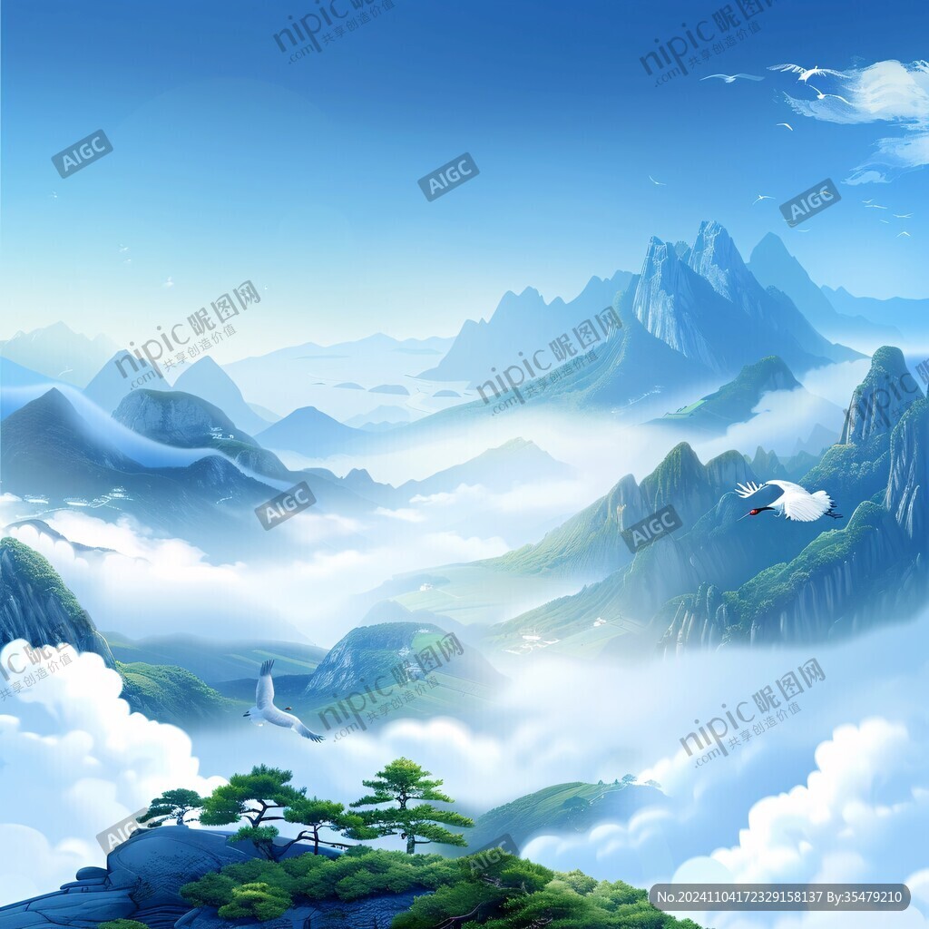 国潮禅意山峰云雾