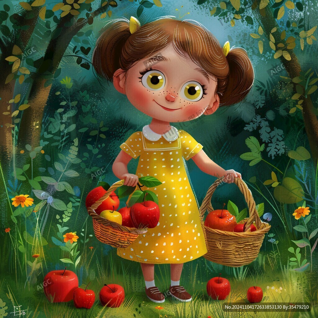 小女孩摘苹果插画