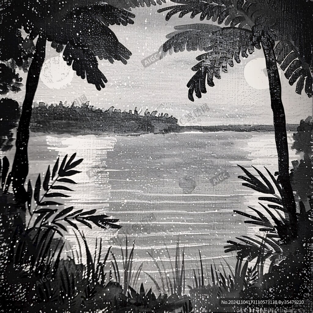 插画夜景湖泊