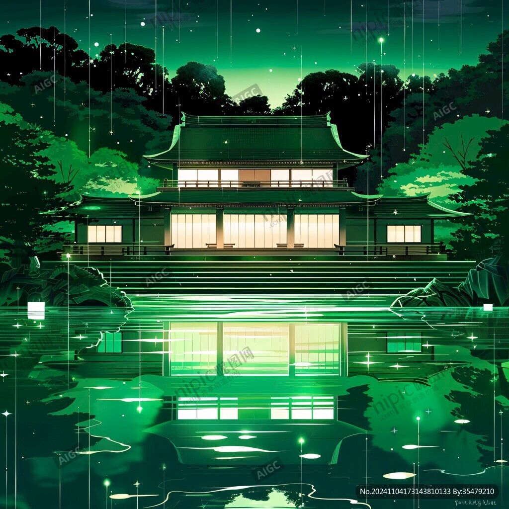 亭台楼阁绿色背景