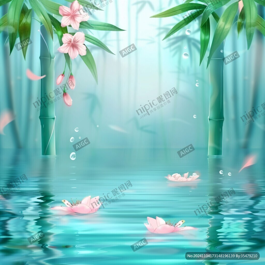 荷叶水面青草竹子插画