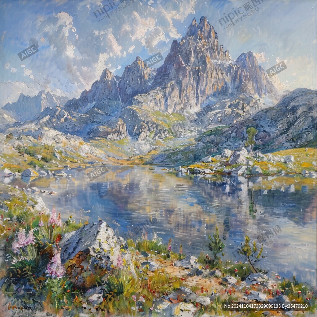 雪山河流油画