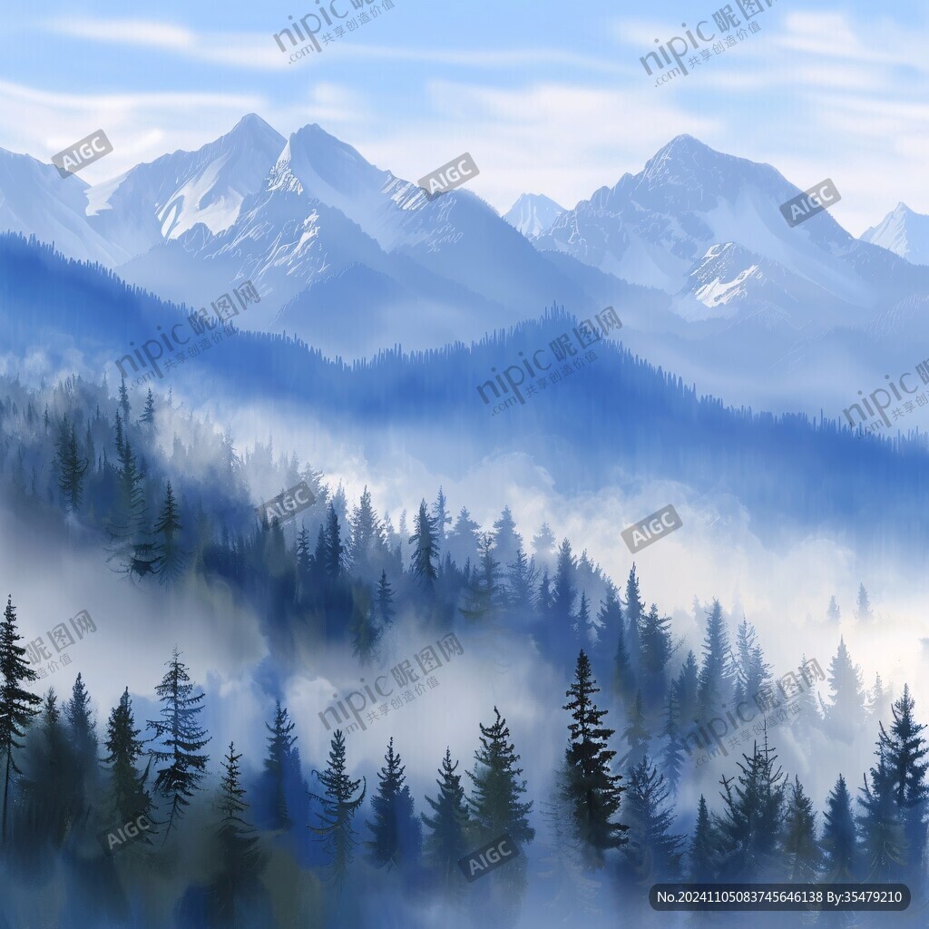 雪山松林晨雾图