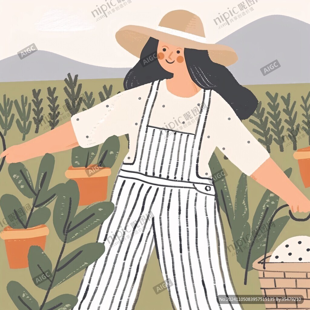 采摘农家少女插画
