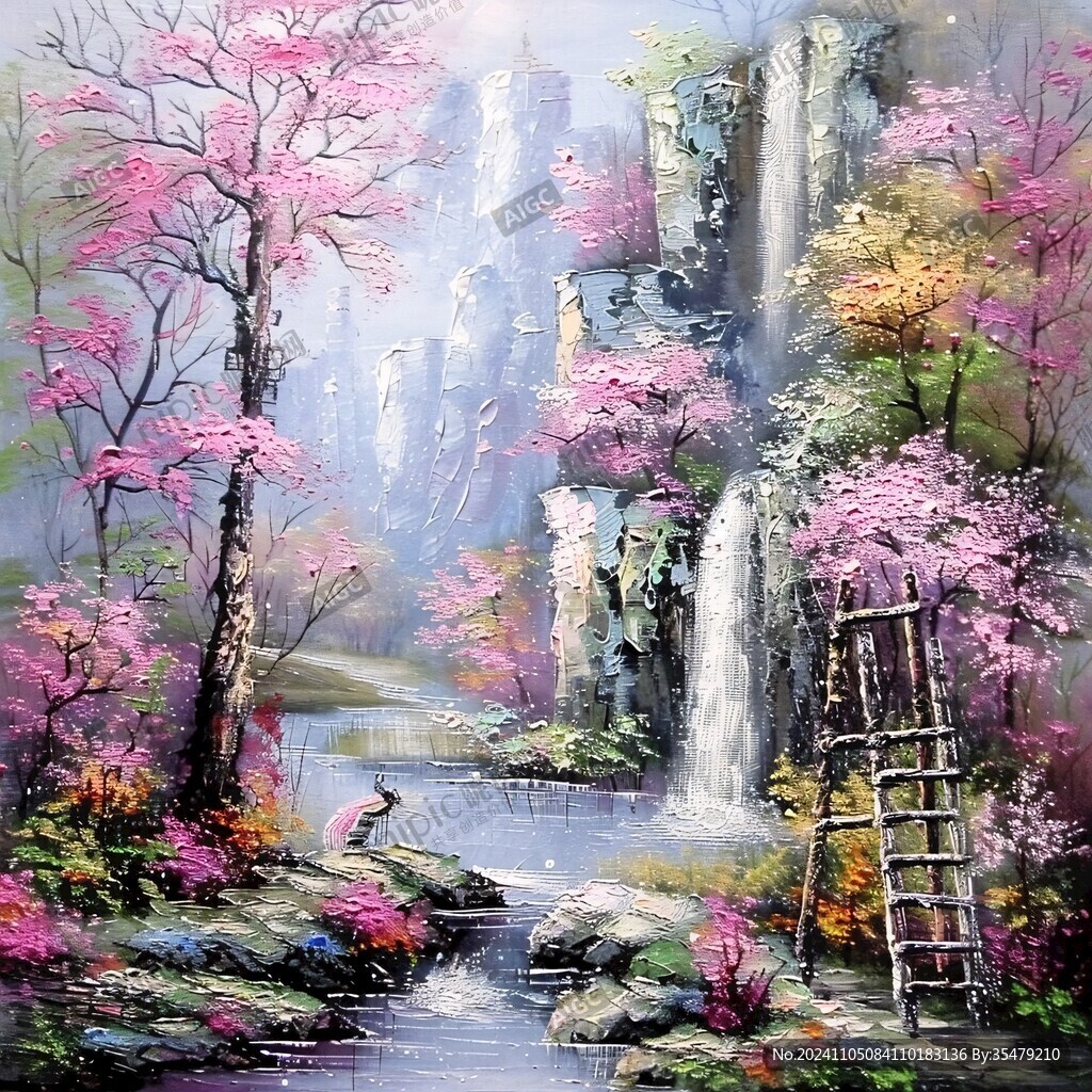 山水风景油画瀑布