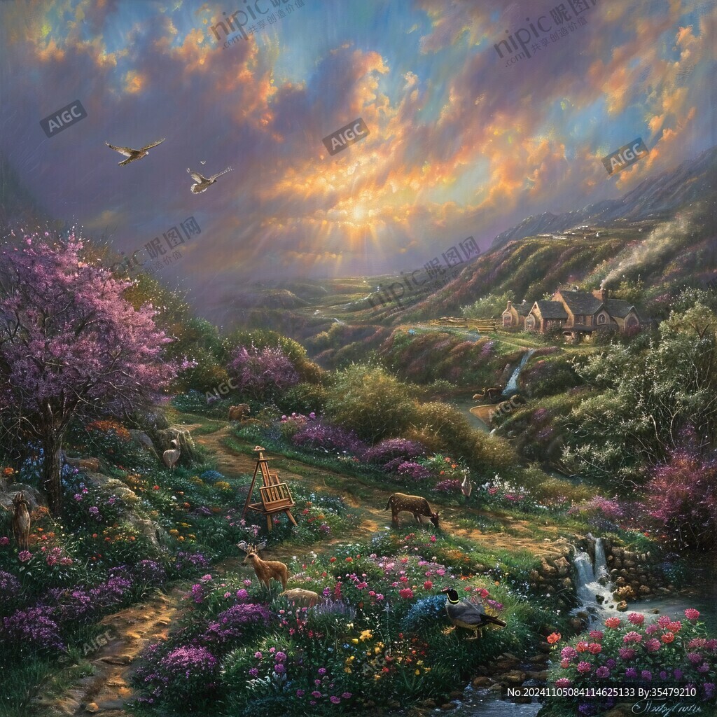山峰山水画油画梅花鹿