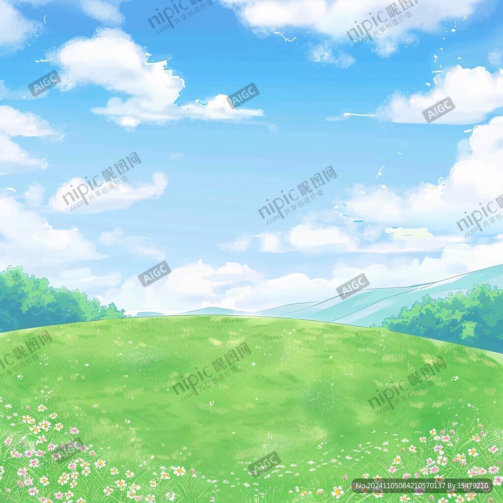 蓝天白云草地插画